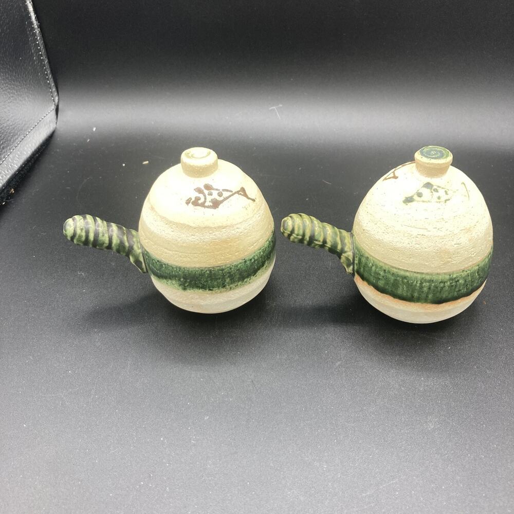 Vintage Neiman Marcus Pottery Soup Pots de Creme Cups Green Glaze Fish Set Of 2